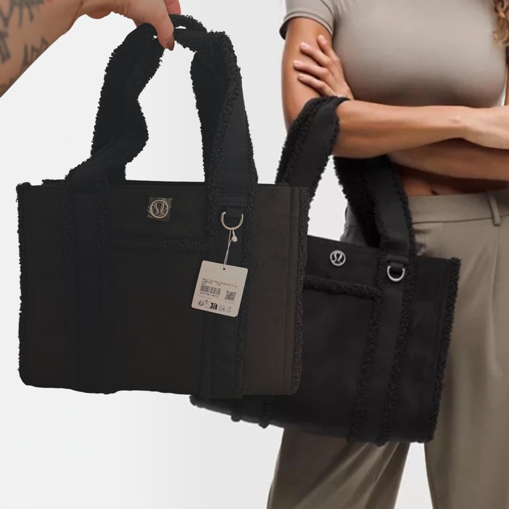 Lululemon Boxy Tote Bag Faux Shearling Trim Black One Size